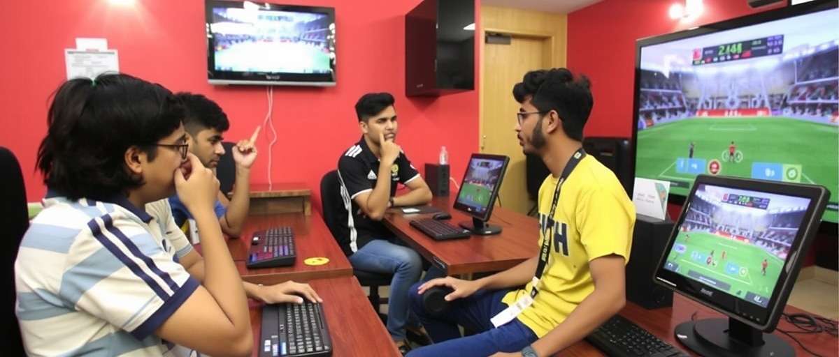 Indian players enjoying FIFA 21 with FIFA 21 watermark Indian gamers playing FIFA 21 in a cyber cafe in Bangalore